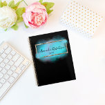 Feminine Modern Glam Artistic Professional Year Planner<br><div class="desc">Modern and feminine personalized planner design featuring a faux gold foil rectangle frame with turquoise watercolor paint brush strokes on a black background. The text is fully customizable. To change it use the Personalize option. For more changes, such as changes to the font, font color or text layout, use the...</div>