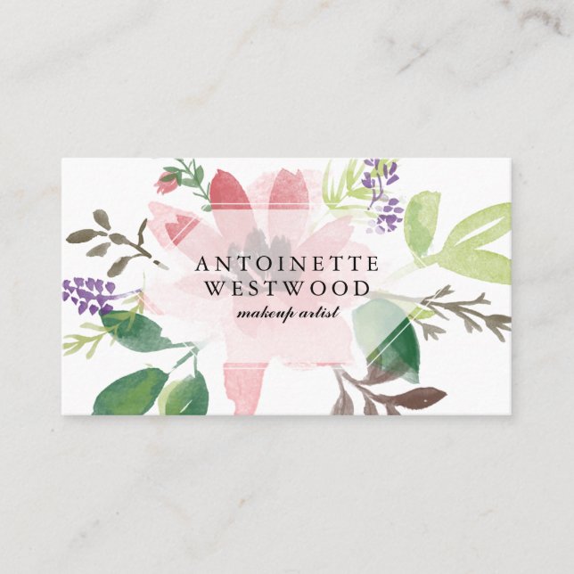 Feminine Modern Pink Floral Watercolor Business Card (Front)