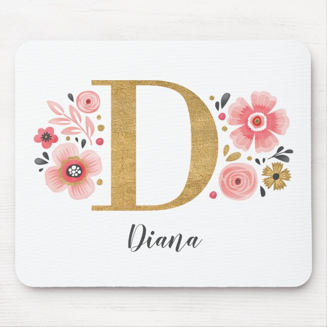 Feminine Monogram Initial Pink Gold Letter D Mouse Mat (Front)