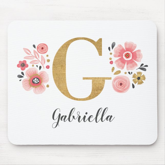 Feminine Monogram Initial Pink Gold Letter G Mouse Mat (Front)