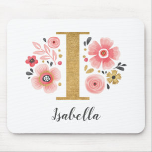 Feminine Monogram Initial Pink Gold Letter i Mouse Mat