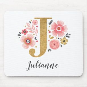 Feminine Monogram Initial Pink Gold Letter J Mouse Mat