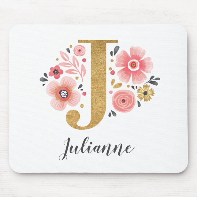 Feminine Monogram Initial Pink Gold Letter J Mouse Mat (Front)