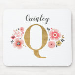 Feminine Monogram Initial Pink Gold Letter Q Mouse Mat<br><div class="desc">A beautiful,  feminine monogrammed pink floral mouse pad,  featuring pink flowers and a faux gold monogram letter Q. Personalise the mouse pad by adding your name underneath the monogram. Makes a fun gift for a friend or for a bridesmaid gift. Designed for you by Blackberry Boulevard.</div>