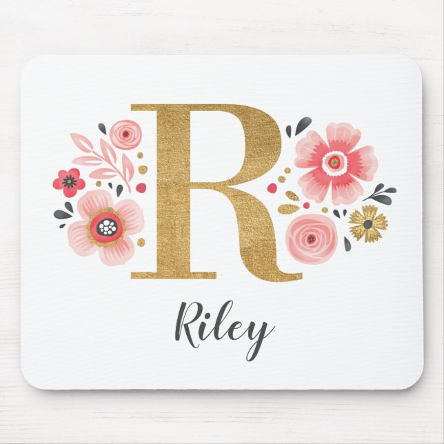 Feminine Monogram Initial Pink Gold Letter R Mouse Mat (Front)