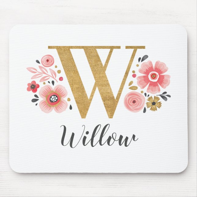 Feminine Monogram Initial Pink Gold Letter W Mouse Mat (Front)