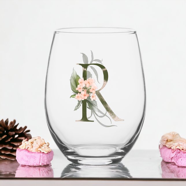 Feminine Monogram Initial The Letter R Stemless Wine Glass (Creator Uploaded)