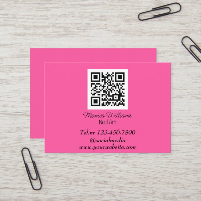 Feminine Nail Art QR Code Scannable Neon Pink Business Card (Front/Back In Situ)