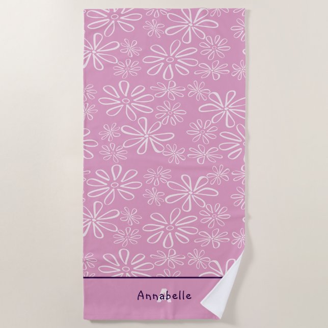 Feminine Name & Blush & Pink Floral Doodle Pattern Beach Towel (Front)