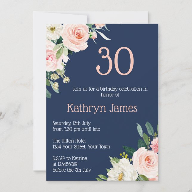Feminine Navy & Peach Floral Womens Birthday Invitation (Front)