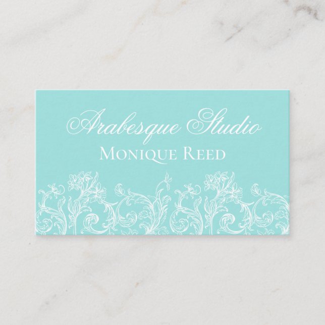 Feminine Ornamental Aqua and White Business Card (Front)