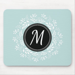 Feminine Pale Blue Floral Wreath Custom Monogram Mouse Mat