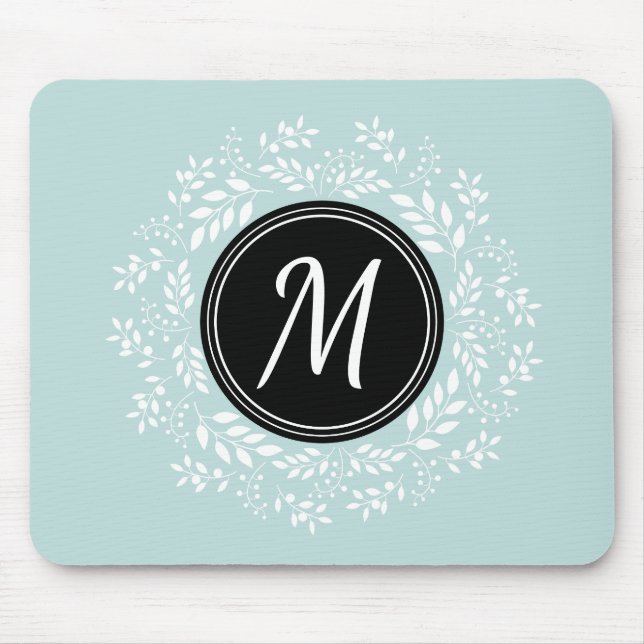 Feminine Pale Blue Floral Wreath Custom Monogram Mouse Mat (Front)