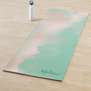 Feminine Pastel Pink Green Elegant Script Name Yoga Mat