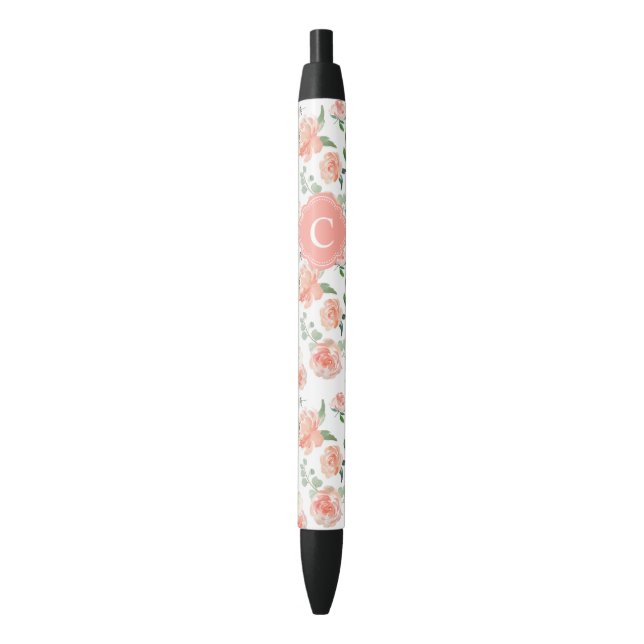 Feminine Peach Floral Pattern with Your Monogram Black Ink Pen (Front Vertical)