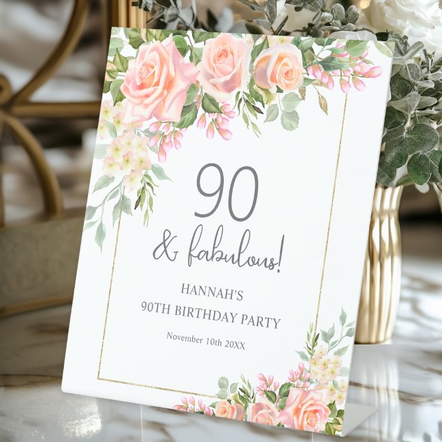 Feminine Peach Pink Rose Floral 90th Birthday  Pedestal Sign (Creator Uploaded)