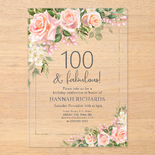 Feminine Peach   Pink Roses Floral 100th Birthday  Acrylic Invitations