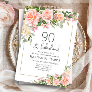 Feminine Peach | Pink Roses Floral 90th Birthday Invitation