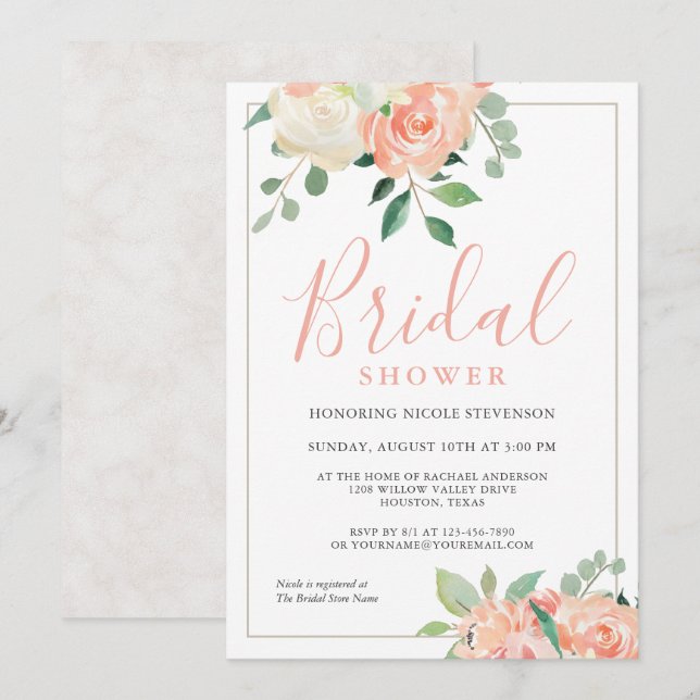 Feminine Peach Watercolor Floral Bridal Shower Invitation (Front/Back)