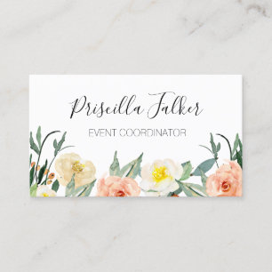 Feminine Peach Watercolor Flowers Business Card