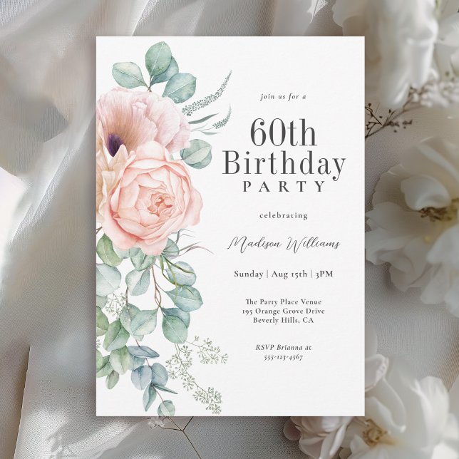 Feminine Pink and Beige Floral 60th Birthday Party Invitation (Available in both printed and instant download digital format.)