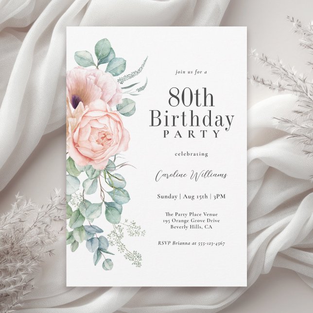 Feminine Pink and Beige Floral 80th Birthday Party Invitation (Available in both printed and instant download digital formats.)