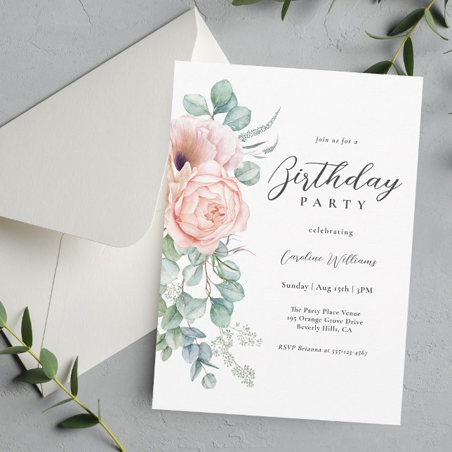 Feminine Pink and Beige Floral Birthday Party Invitation (Available as printed and paperless digital download!)