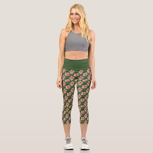Feminine Pink and Green Floral Print Capri Leggings (Front)