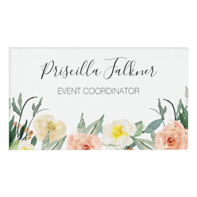 Feminine Pink and Peach Watercolor Flowers Name Tag (Front)