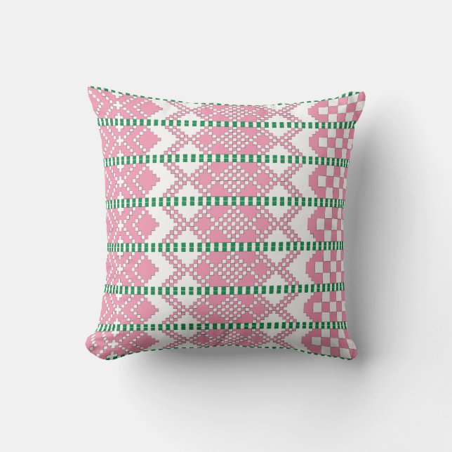 Feminine Pink and white Latvian tribal folk art Cushion (Front)
