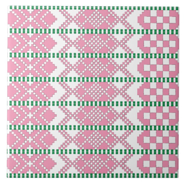 Feminine Pink and white Latvian tribal folk art Tile (Front)