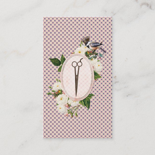 feminine pink birds floral scissors hairstylist business card (Front)