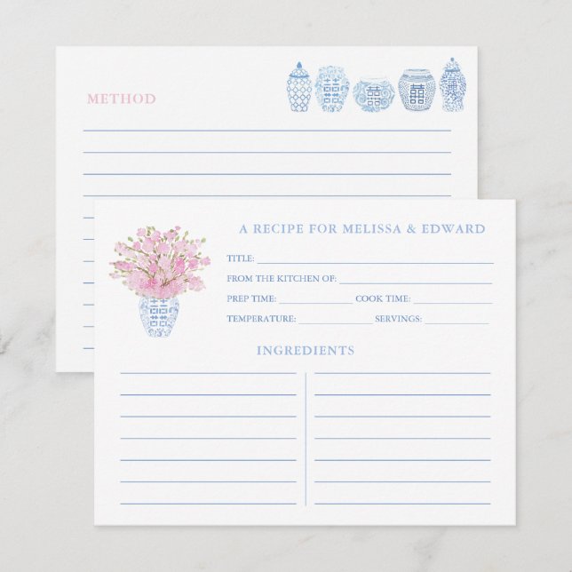 Feminine Pink Blue Ginger Jars Shower Recipe Card (Front/Back)