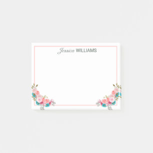 Feminine Pink Blue Rose Bouquet Watercolor Post-it Notes