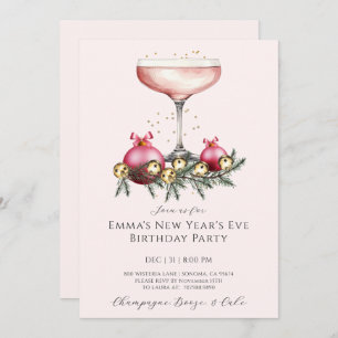 Feminine Pink Champagne New Years Eve Birthday  Invitation