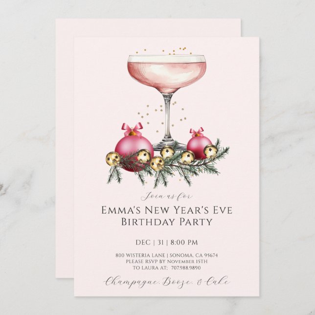 Feminine Pink Champagne New Years Eve Birthday  Invitation (Front/Back)