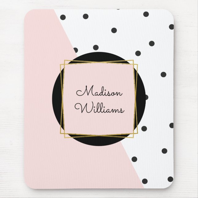 Feminine Pink Color Block Polka Dots with Name Mouse Mat (Front)