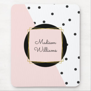 Feminine Pink Colour Block Polka Dots with Name Mouse Mat