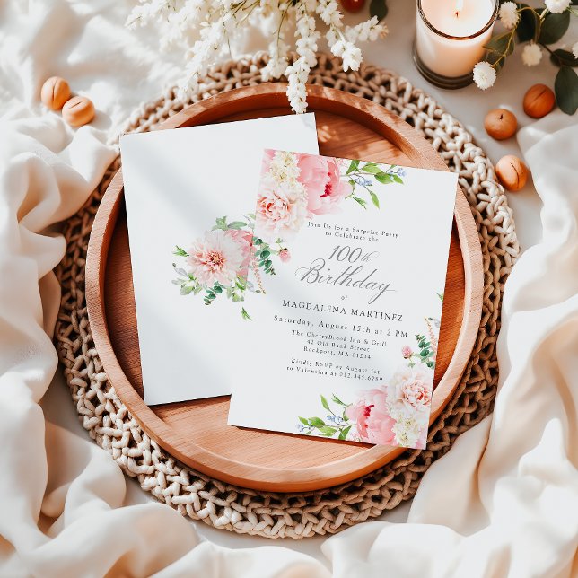 Feminine Pink Floral 100th Birthday Surprise Party Invitation (Creator Uploaded)