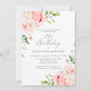 Feminine Pink Floral 25th Birthday Surprise Party Invitation