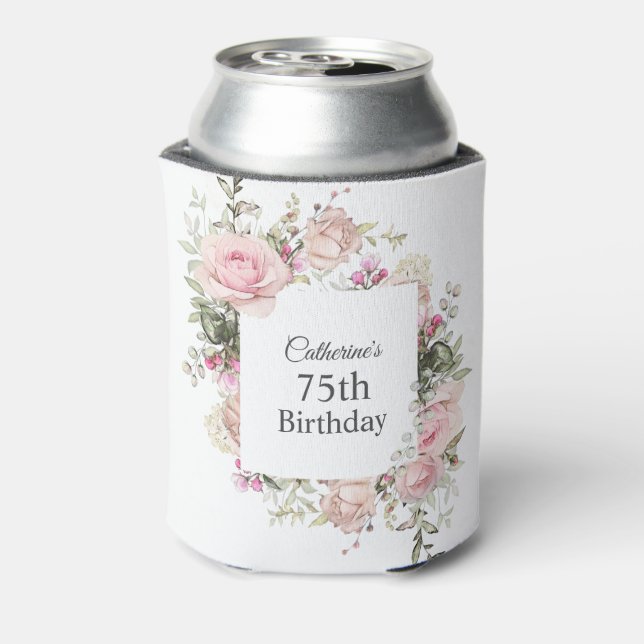 Feminine Pink Floral 75th Birthday Can Cooler (Can Back)