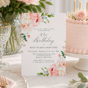 Feminine Pink Floral 85th Birthday Surprise Party Invitation