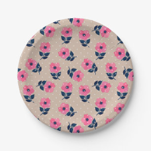 Feminine Pink Floral Beige Polka Dots Design Paper Plate
