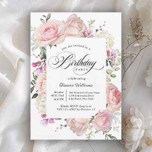 Feminine Pink Floral Calligraphy Birthday Party Invitation