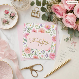 Feminine Pink Floral Gold Script Thank You Card
