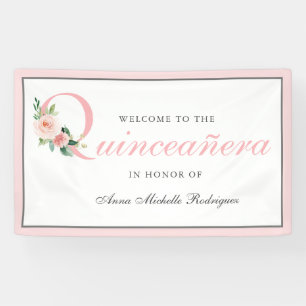 Feminine Pink Floral Quinceanera Celebration Banner