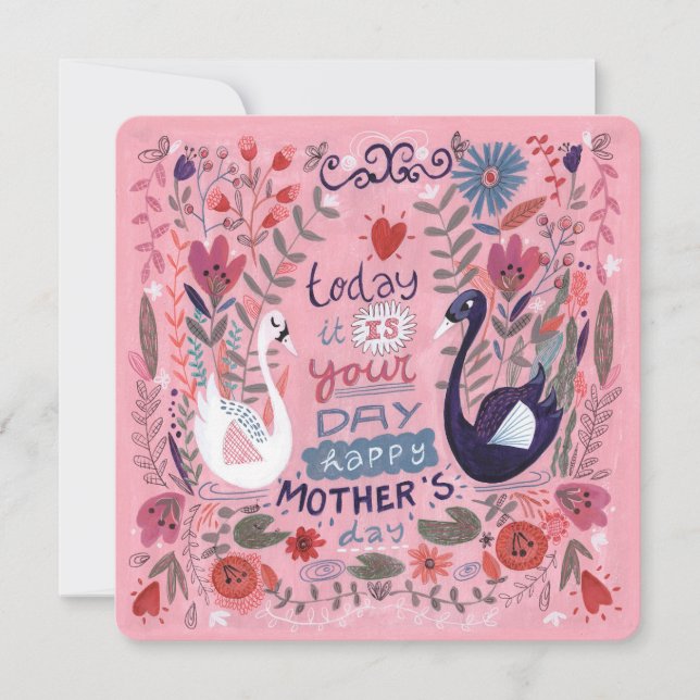 Feminine pink floral swan Mother's Day Card (Front)