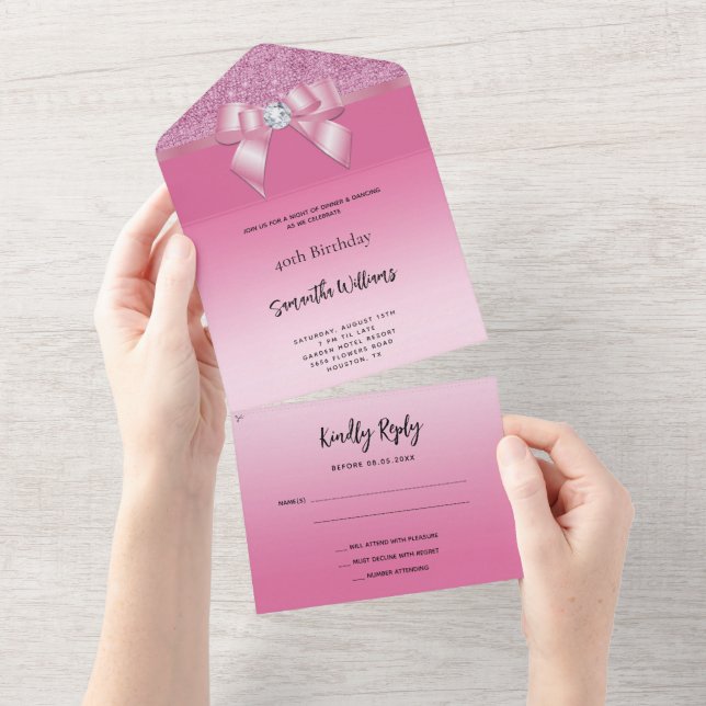 Feminine Pink Gem Bow & Glitter Birthday All In One Invitation (Tearaway)
