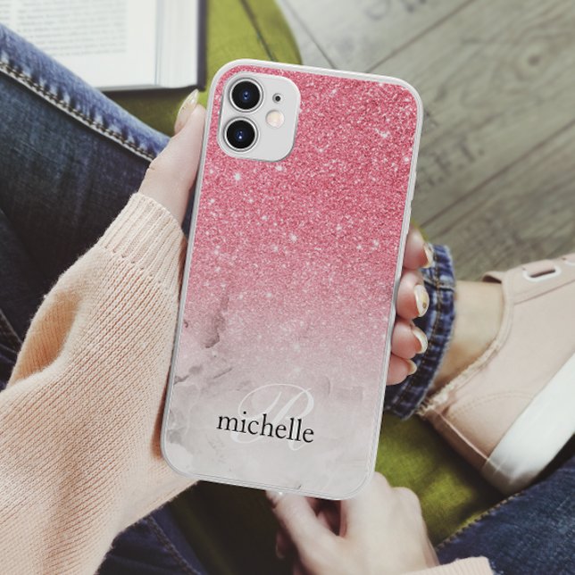 Feminine Pink Glitter Ombre Marble Monogram Case-Mate iPhone Case (Creator Uploaded)