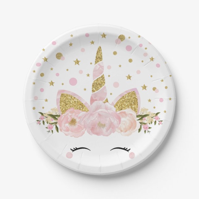 Feminine Pink Gold Floral Unicorn Birthday Party Paper Plate (Front)